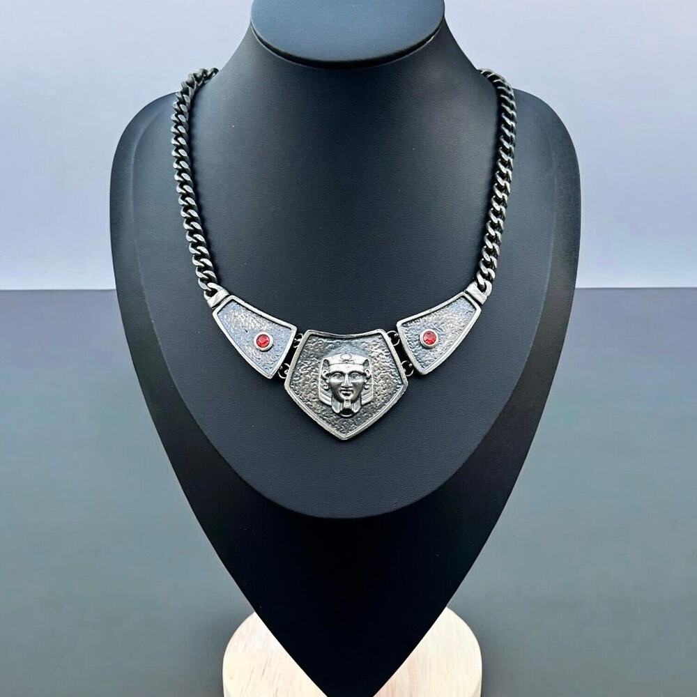 Vintage Egyptian Revival Necklace Pharaoh Face Silver Tone Red Rhinestone Bib
